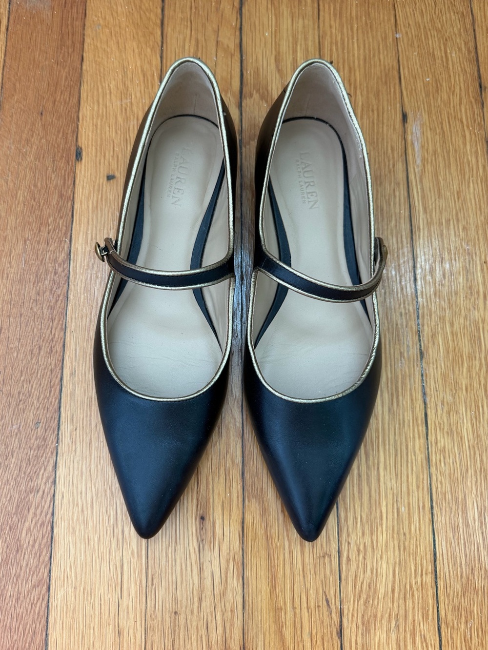 Lauren Ralph Lauren Black Pointed Mary Jane Flats with Gold Piping